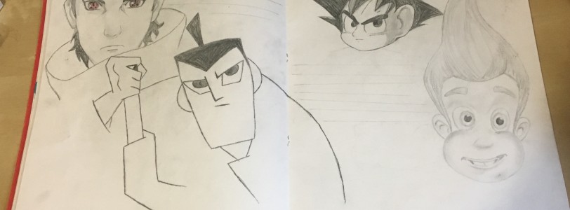 Pencil sketches of Shisui Uchiha, Samurai Jack, Son Goku and Jimmy Neutron