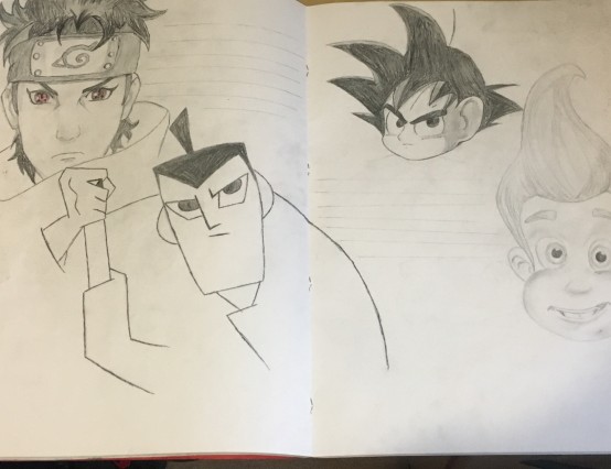 Pencil sketches of Shisui Uchiha, Samurai Jack, Son Goku and Jimmy Neutron