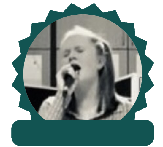 A photo of young woman singing into a microphone with her eyes closed. The image is black and white, within a badge shape template. With the header Youth Choice. 