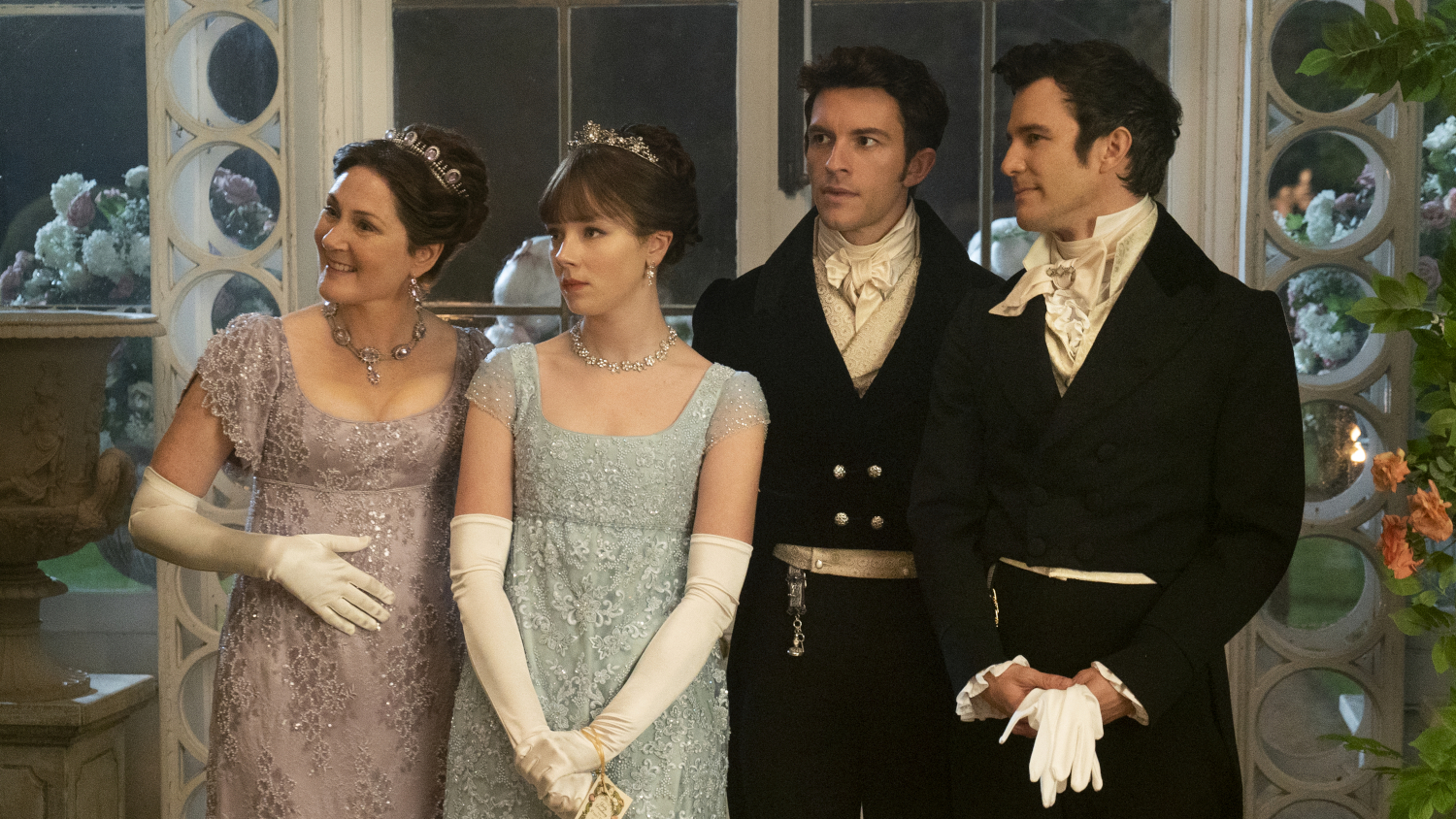 Claudia Jessie with her on-screen family in Bridgerton